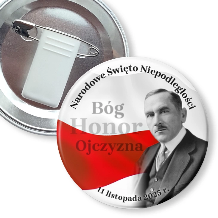 przypinka z żabką i agrafką Święto Niepodległości Roman Dmowski