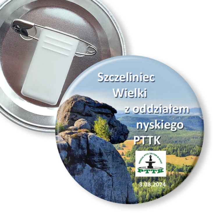 przypinka z żabką i agrafką Szczeliniec Wielki z oddziałem nyskiego PTTK
