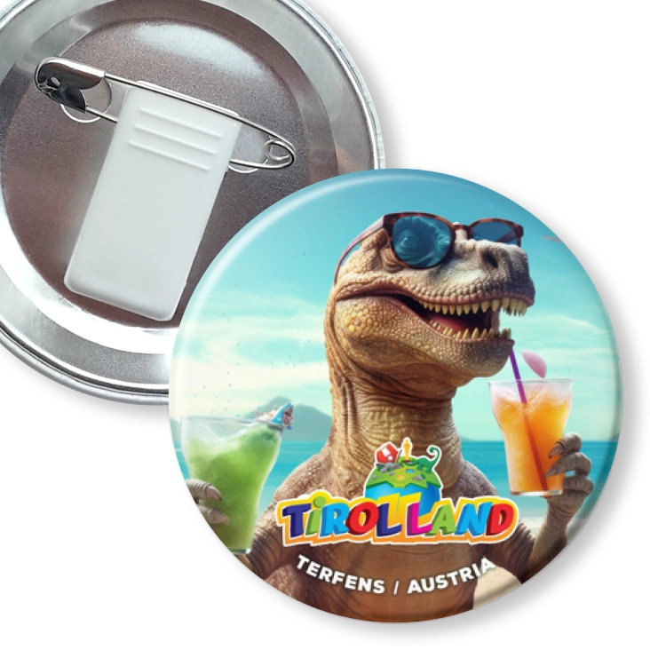 przypinka z żabką i agrafką Tyranozaur na wakacjach w Tirolland