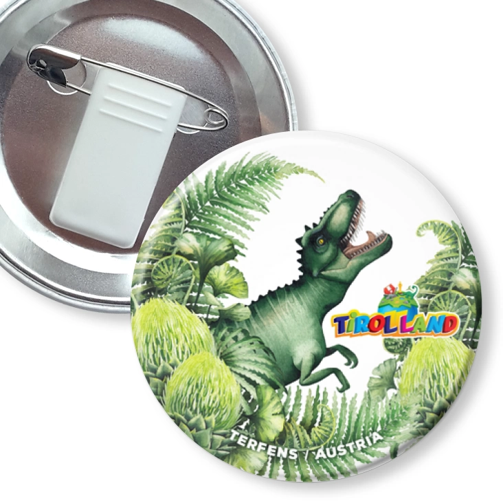 przypinka z żabką i agrafką Tyranozaur wśród roślin Tirolland
