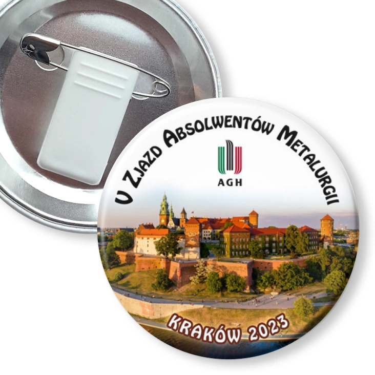 przypinka z żabką i agrafką V Zjazd Absolwentów Metalurgii Kraków 2023