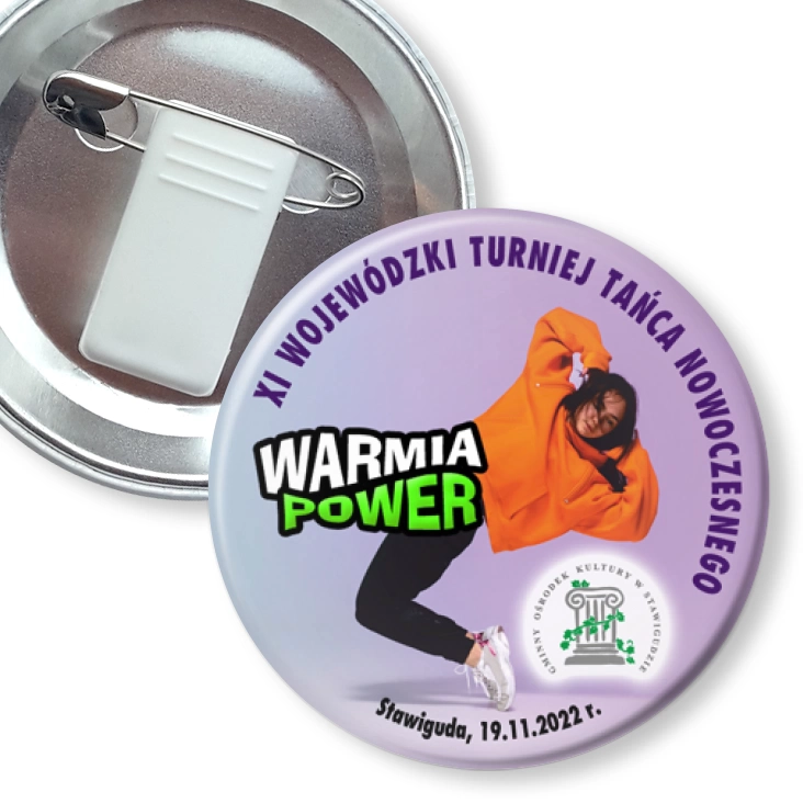 przypinka z żabką i agrafką Warmia Power 2022