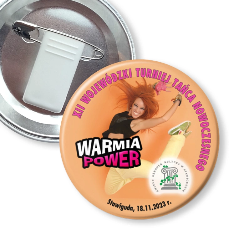 przypinka z żabką i agrafką Warmia Power 2023