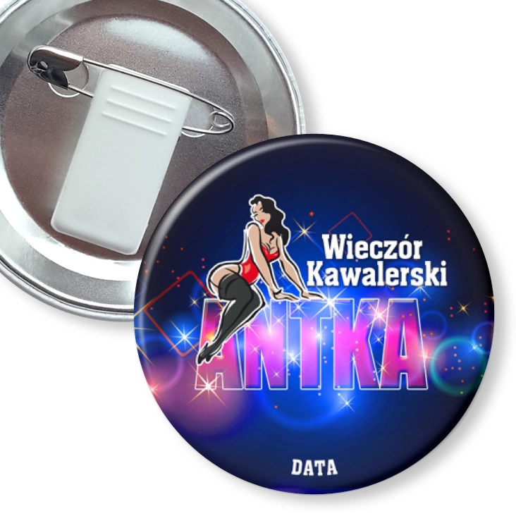 przypinka z żabką i agrafką Wieczó kawalerski z diablicą i imieniem