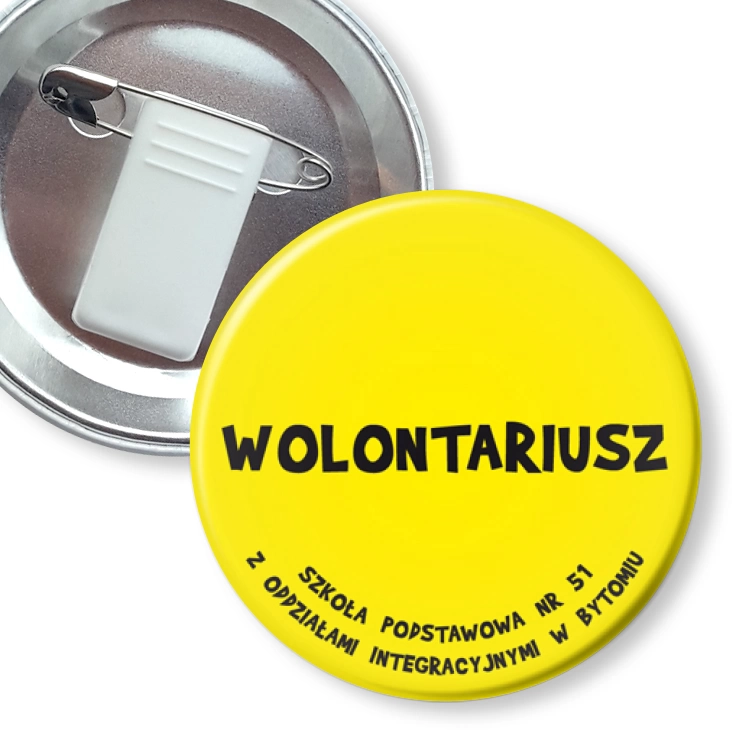 przypinka z żabką i agrafką Wolontariusz SP nr 51 w Bytomiu