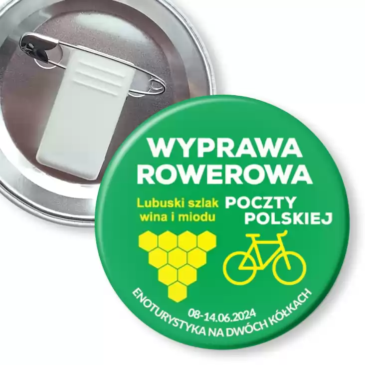 przypinka z żabką i agrafką Wyprawa rowerowa Poczty Polskiej 2024