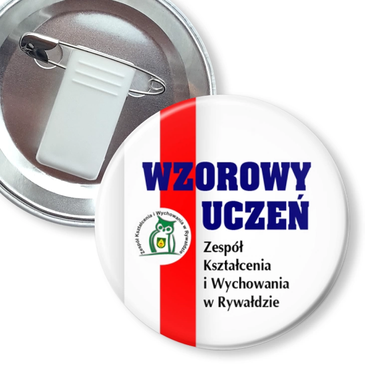 przypinka z żabką i agrafką Wzorowy Uczeń Zespół Szkół Kształcenia w Rywałdzie