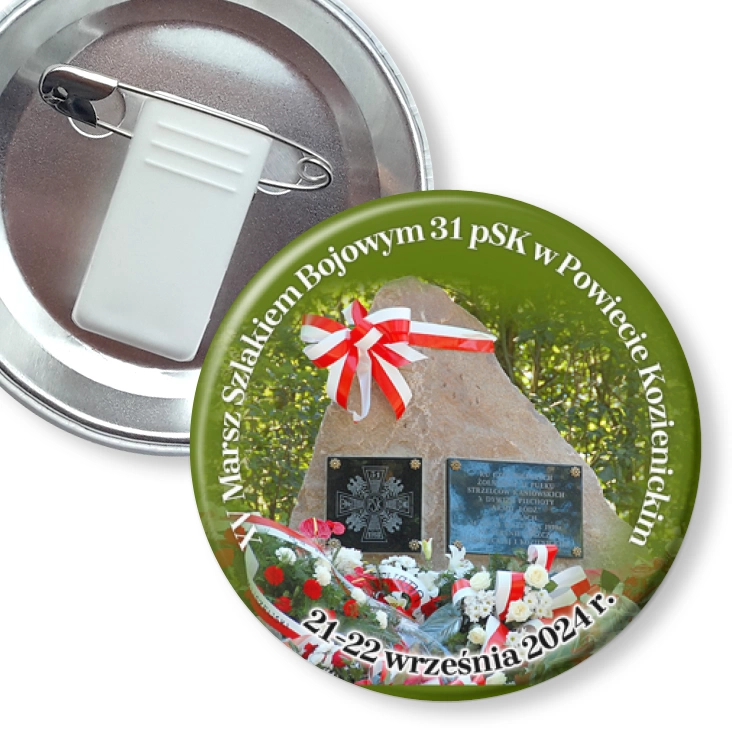 przypinka z żabką i agrafką XV Marsz Szlakiem Bojowym 31 pSK w Powiecie Kozienickim