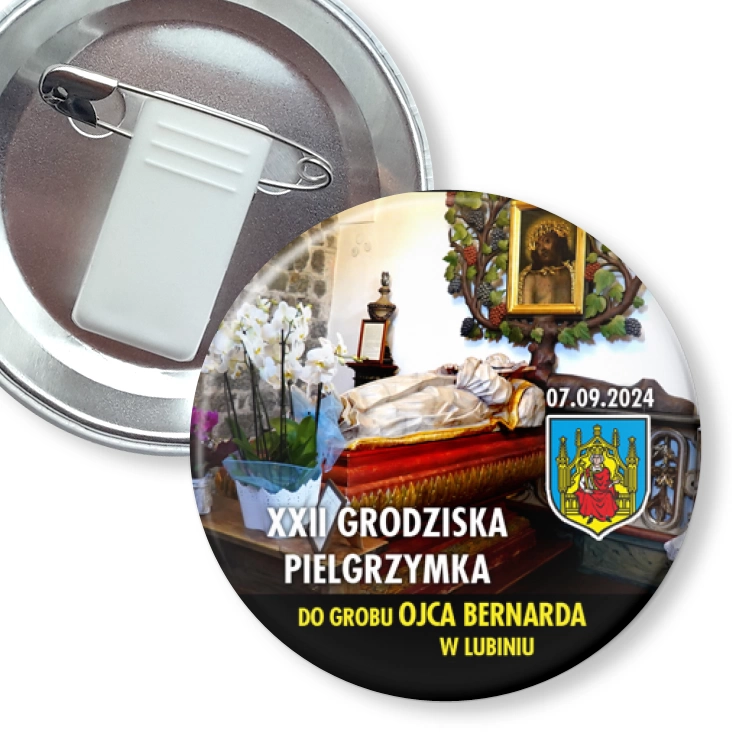 przypinka z żabką i agrafką XXII Grodziska Pielgrzymka do grobu ojca Bernarda w Lubiniu
