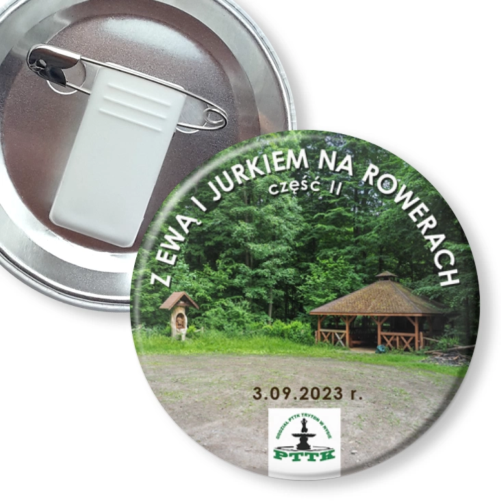 przypinka z żabką i agrafką Z Ewą i Jurkiem na rowerach część II