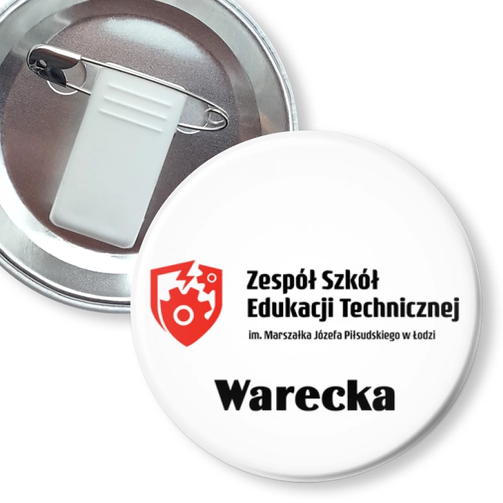 przypinka z żabką i agrafką Zespół Szkół Edukacji Technicznej Warecka w Łodzi