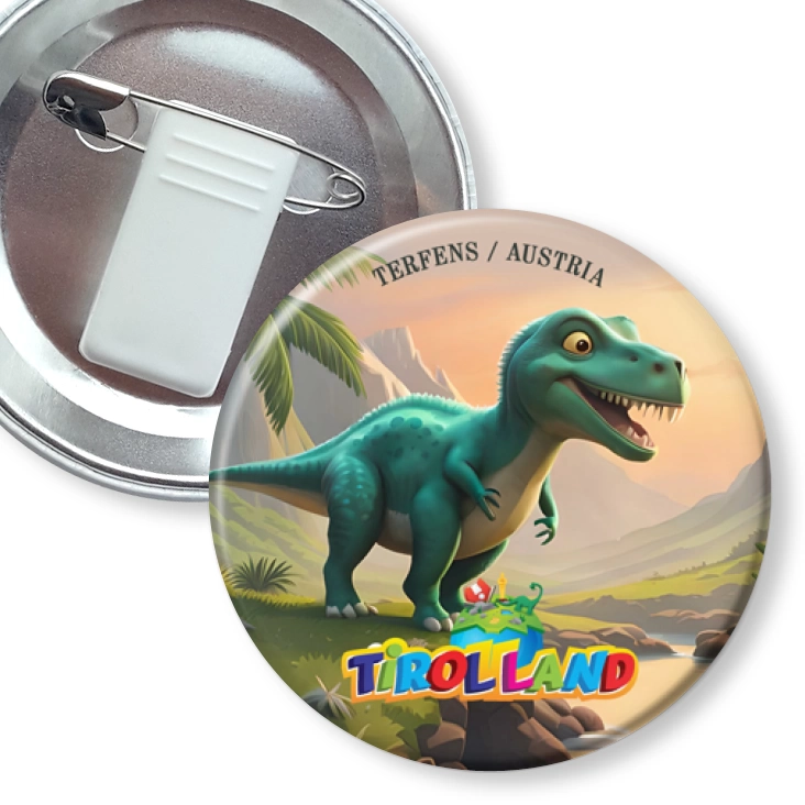 przypinka z żabką i agrafką Zielony tyranozaur na tle gór Tirolland