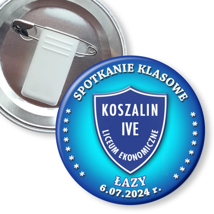 przypinka z żabką i agrafką Zjazd Klasowy po 30 latach Liceum Ekonomiczne Koszalin