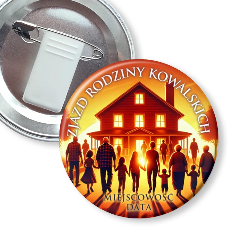 przypinka z żabką i agrafką Zjazd rodziny dom w zachodzącym słońcu