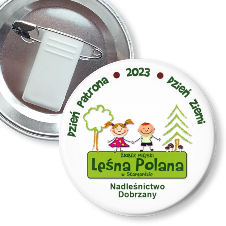 przypinka z żabką i agrafką Żłobek Leśna Polana Dzień Patrona