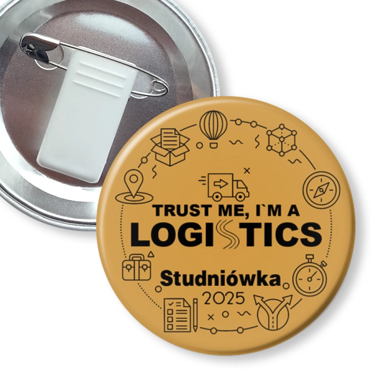 przypinka z żabką i agrafką Studniówka złota trust me I am Logistic