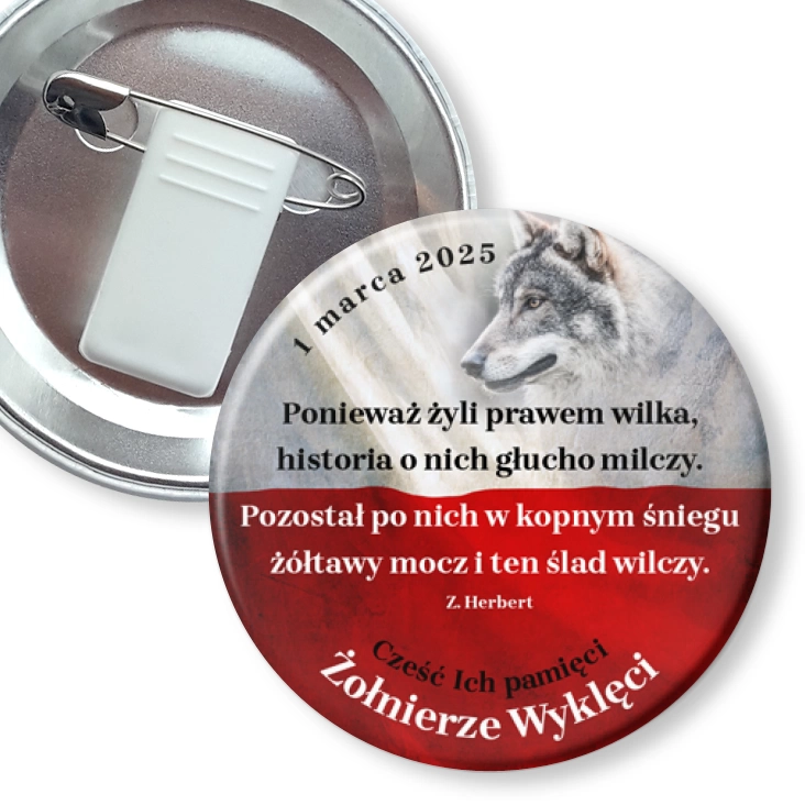 przypinka z żabką i agrafką Żołnierze Wyklęci Wiersz Zbigniewa Herberta