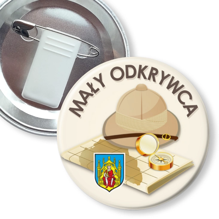 przypinka z żabką i agrafką Zostań Małym Odkrywcą Grodzisk Wielkopolski