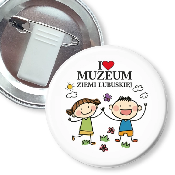 przypinka z żabką i agrafką I love Muzeum Ziemi Lubuskiej