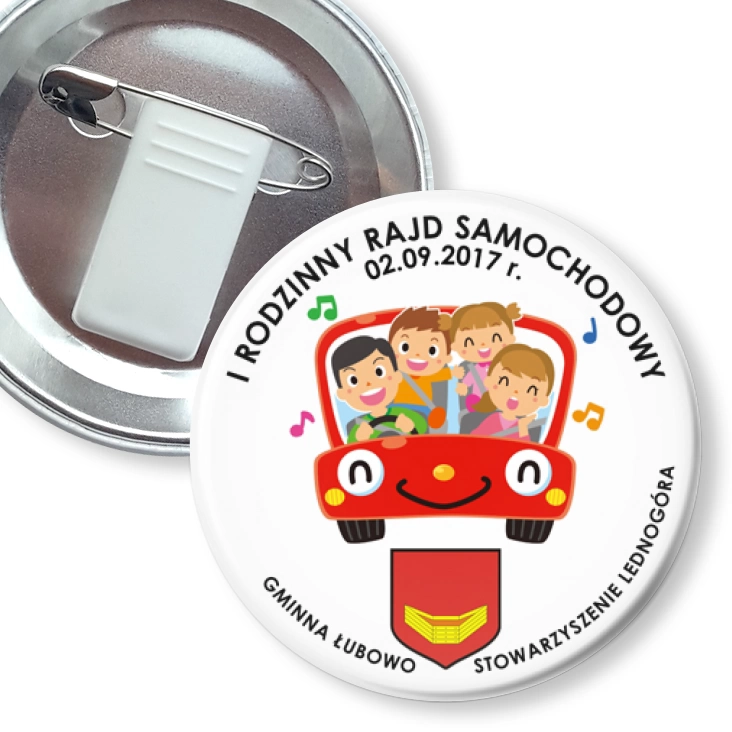 przypinka z żabką i agrafką 1 Rodzinny Rajd Samochodowy 2017