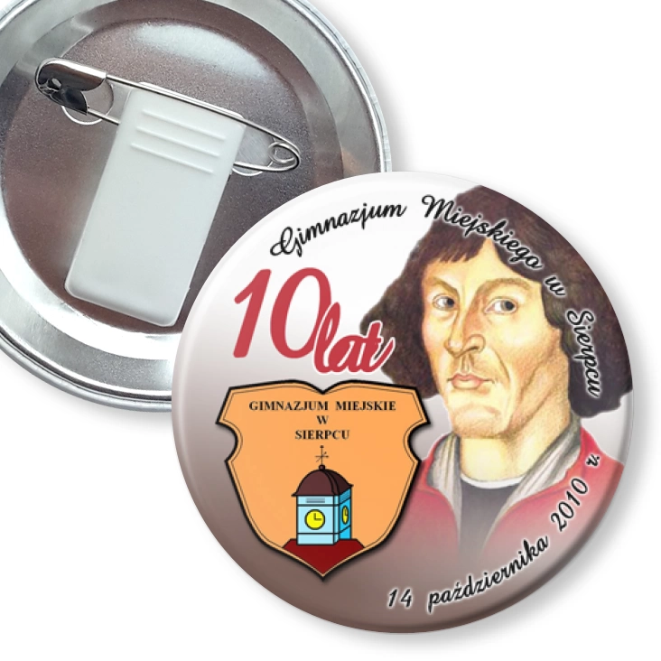 przypinka z żabką i agrafką 10 lat Gimnazjum Miejskiego w Sierpcu