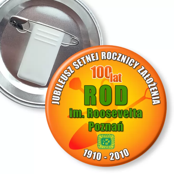 przypinka z żabką i agrafką 100 lat ROD im. Roosevelta Poznań
