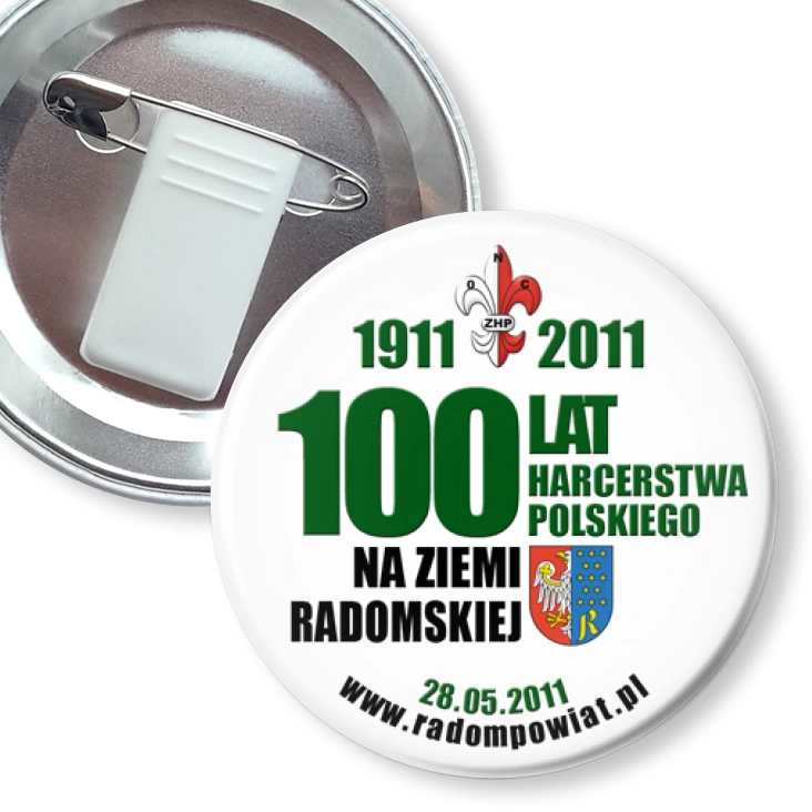 przypinka z żabką i agrafką 100 lat ZHP na ziemi radomskiej