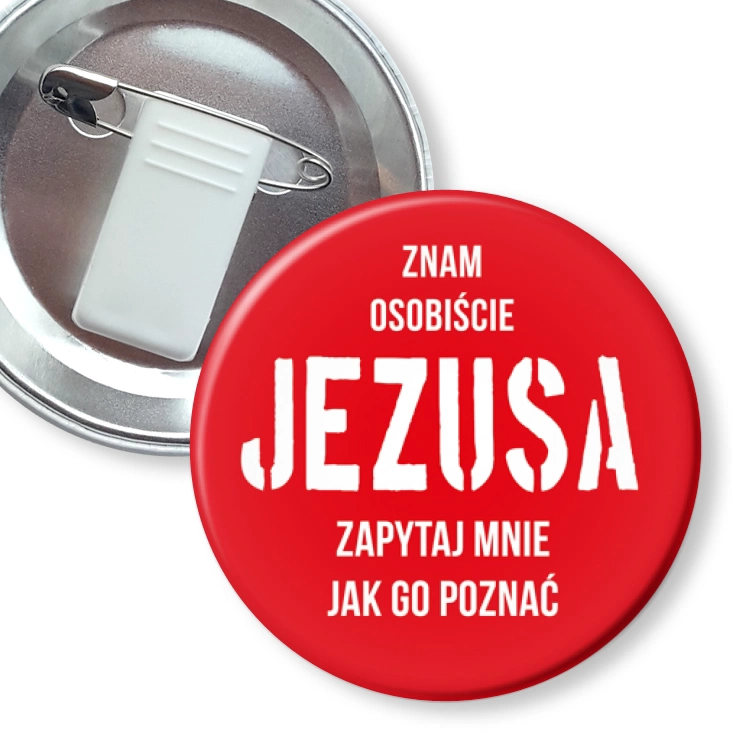 przypinka z żabką i agrafką Znam osobiście Jezusa