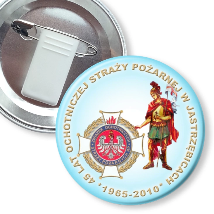 przypinka z żabką i agrafką 45 lat OSP w Jastrzębicach