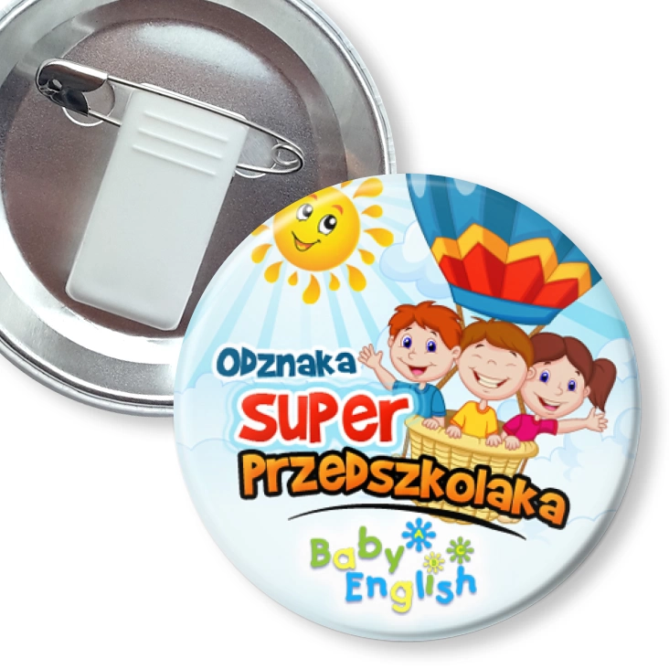przypinka z żabką i agrafką Baby English Odznaka Super Przedszkolaka