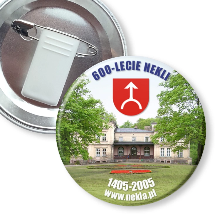 przypinka z żabką i agrafką 600-lecie Nekli