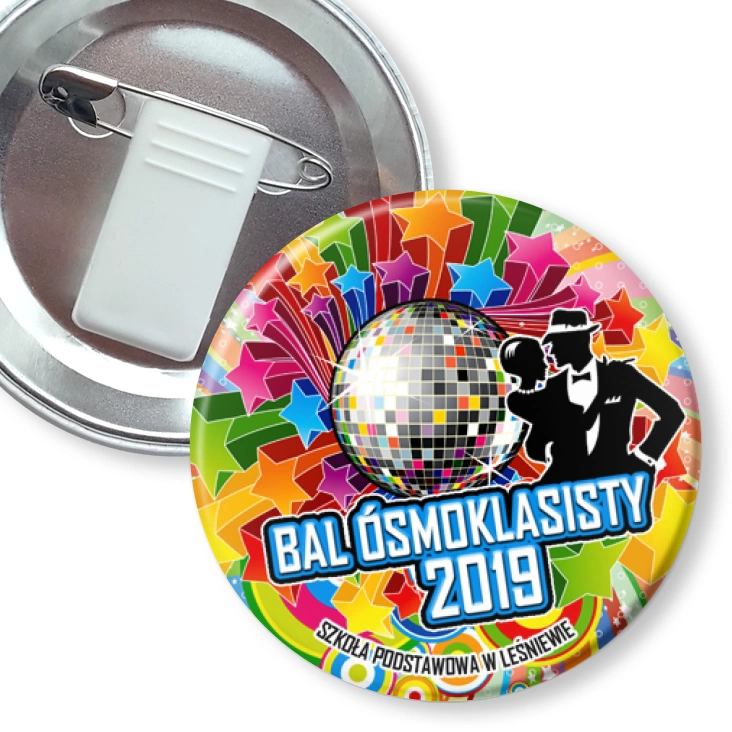 przypinka z żabką i agrafką Bal Ósmoklasisty 2019