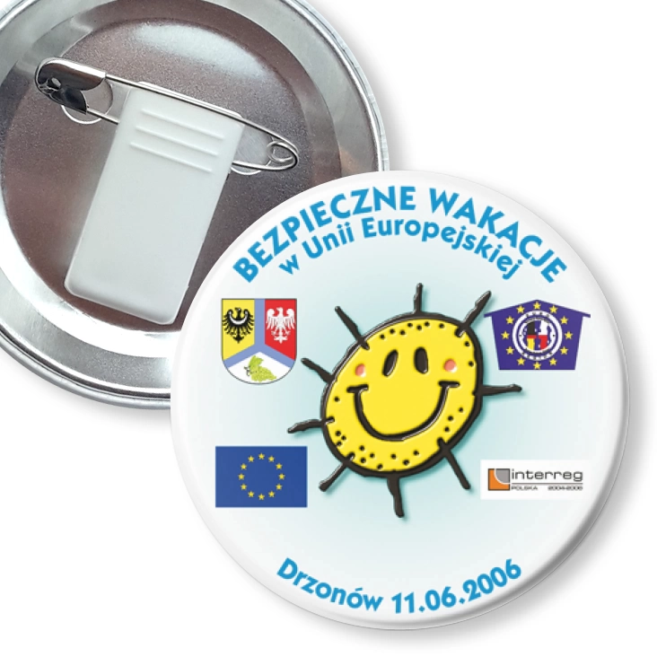 przypinka z żabką i agrafką Bezpieczne Wakacje w Unii Europejskiej