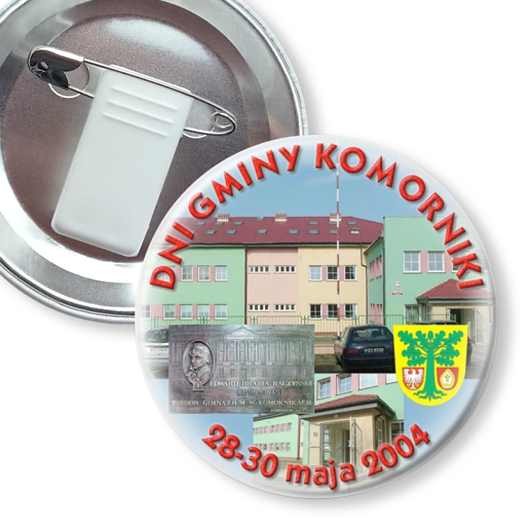 przypinka z żabką i agrafką Dni Gminy Komorniki 2004