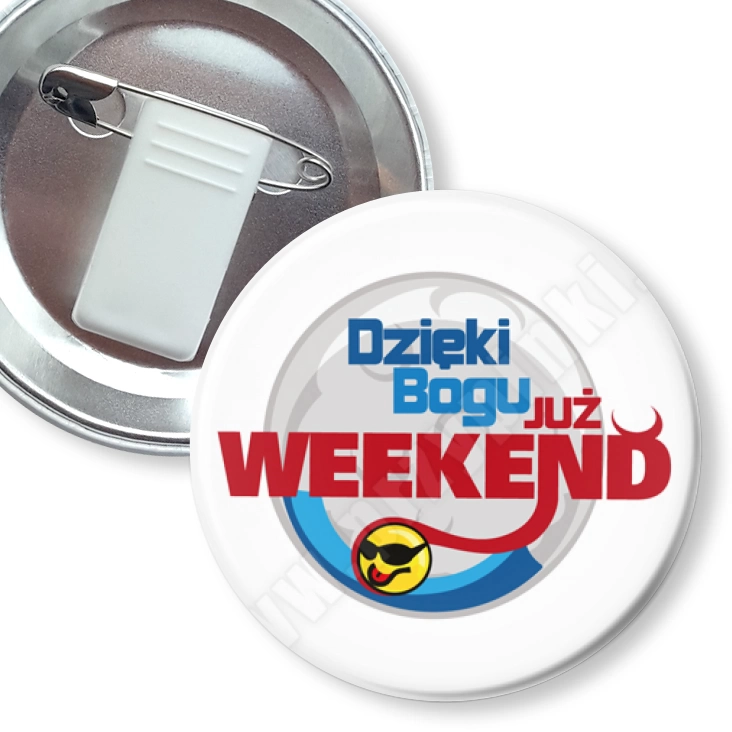 przypinka z żabką i agrafką Dzięki Bogu już weekend