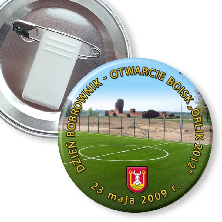 przypinka z żabką i agrafką Dzień Bobrownik - Otwarcie Boisk Orlik 2012