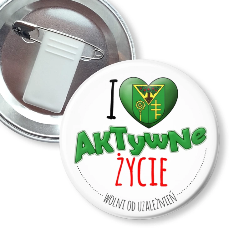 przypinka z żabką i agrafką I love aktywne życie