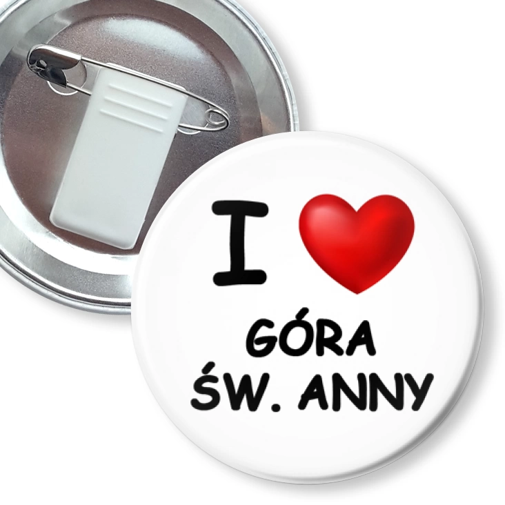 przypinka z żabką i agrafką I love Góra św. Anny