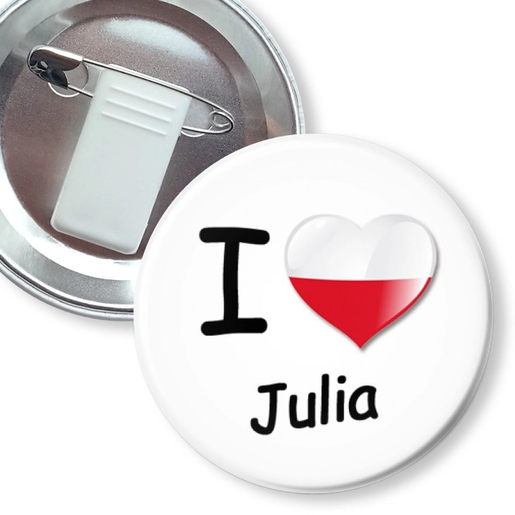 przypinka z żabką i agrafką I love Julia