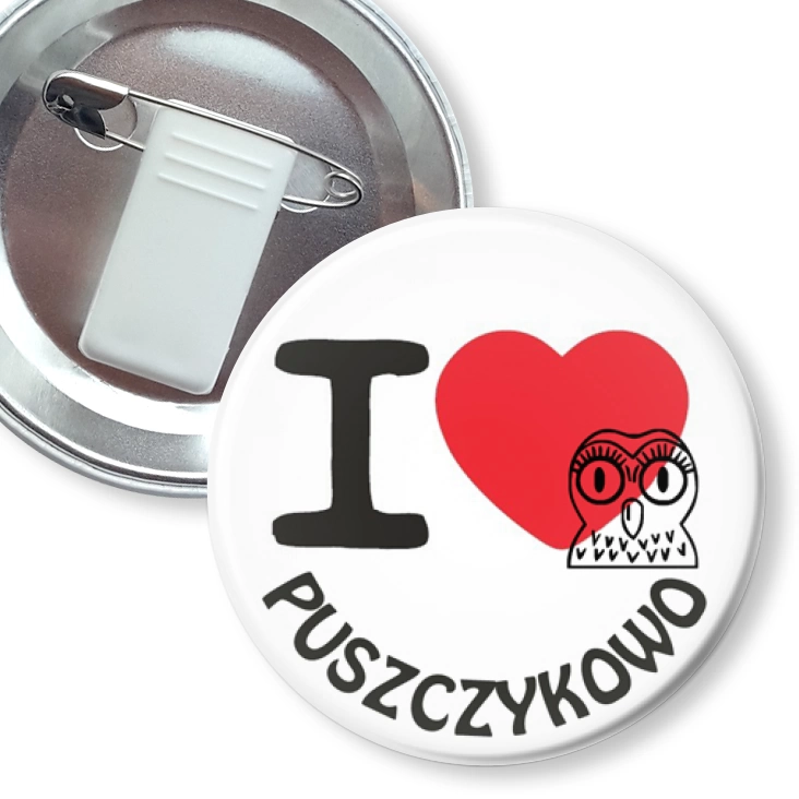 przypinka z żabką i agrafką I love Puszczykowo