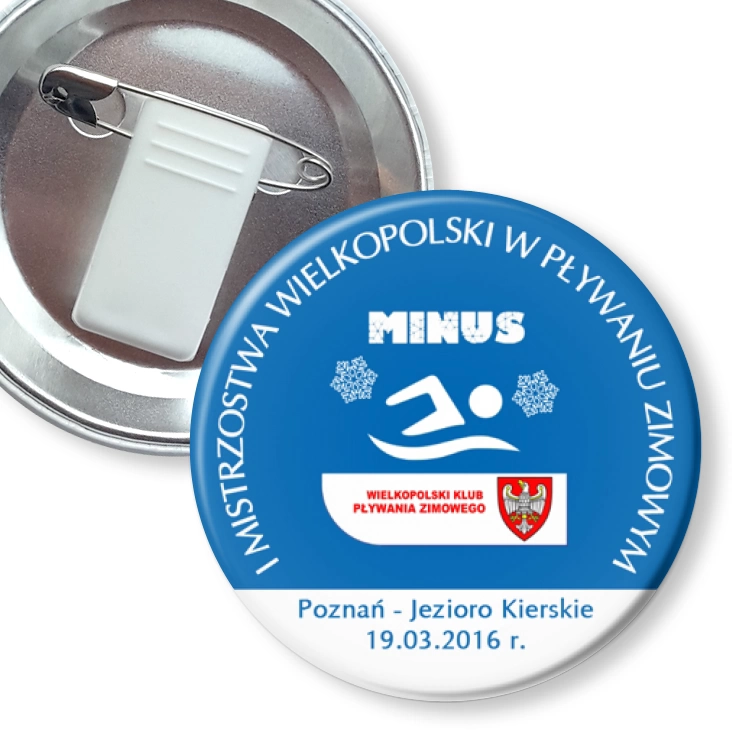 przypinka z żabką i agrafką I Mistrzostwa Wielkopolski w Pływaniu Zimowym