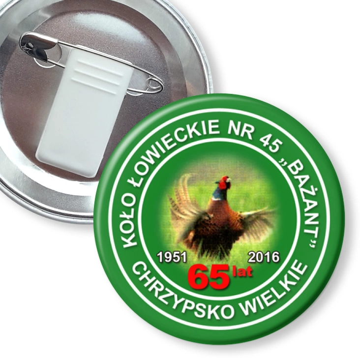 przypinka z żabką i agrafką Koło Łowieckie Bażant