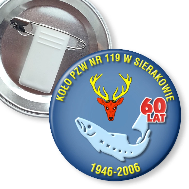 przypinka z żabką i agrafką Koło PZW nr 119 w Sierakowie
