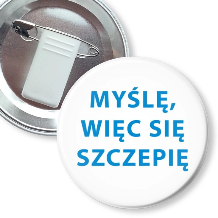 przypinka z żabką i agrafką Myślę, więc się szczepię