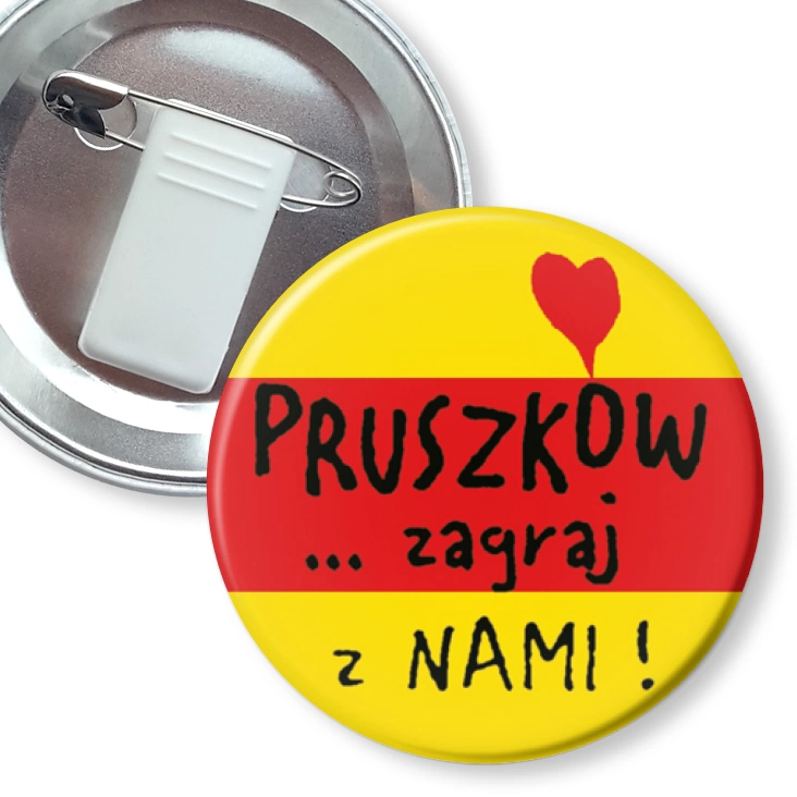 przypinka z żabką i agrafką Pruszków... zagraj z nami!