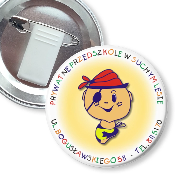 przypinka z żabką i agrafką Prywatne Przedszkole w Suchym Lesie