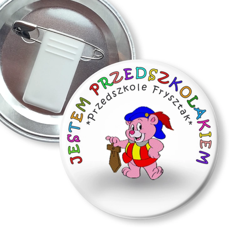 przypinka z żabką i agrafką Przedszkole Frysztak - gumisie