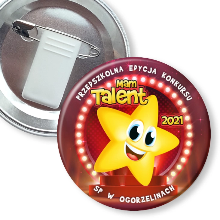 przypinka z żabką i agrafką Przedszkolna edycja konkursu Mam Talent 2021