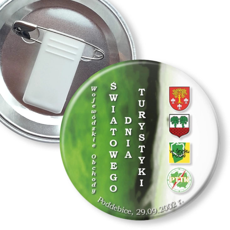 przypinka z żabką i agrafką Światowy Dzień Turystyki