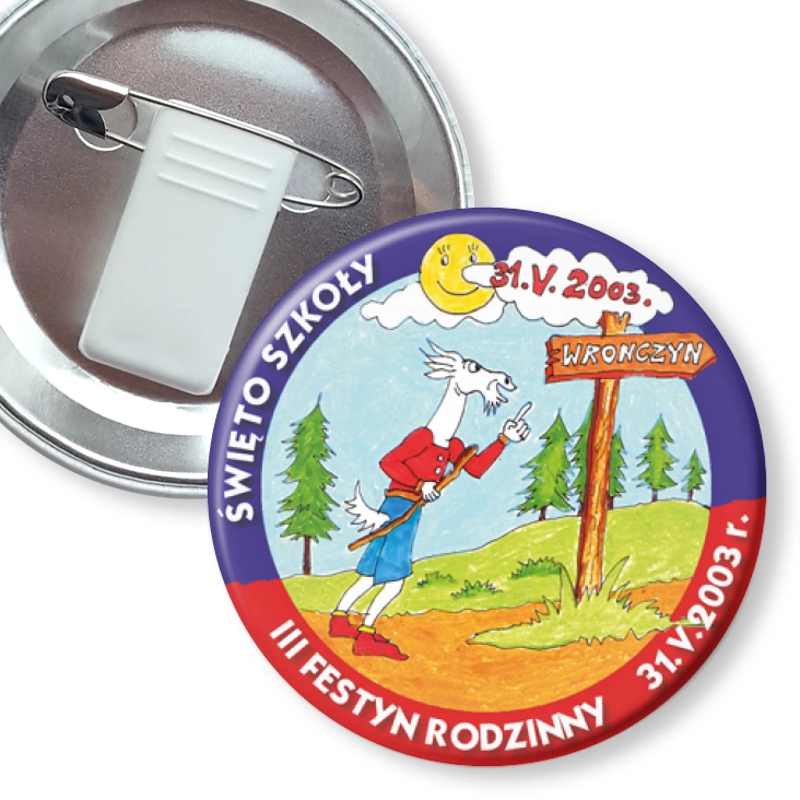 przypinka z żabką i agrafką Święto Szkoły we Wronczynie 2003